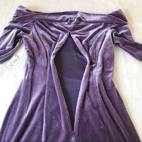 ELIZA J Velvet Off The Shoulder Dress Long Sleeve Short Sheath Purple Size 8 New - Picture 9 of 16